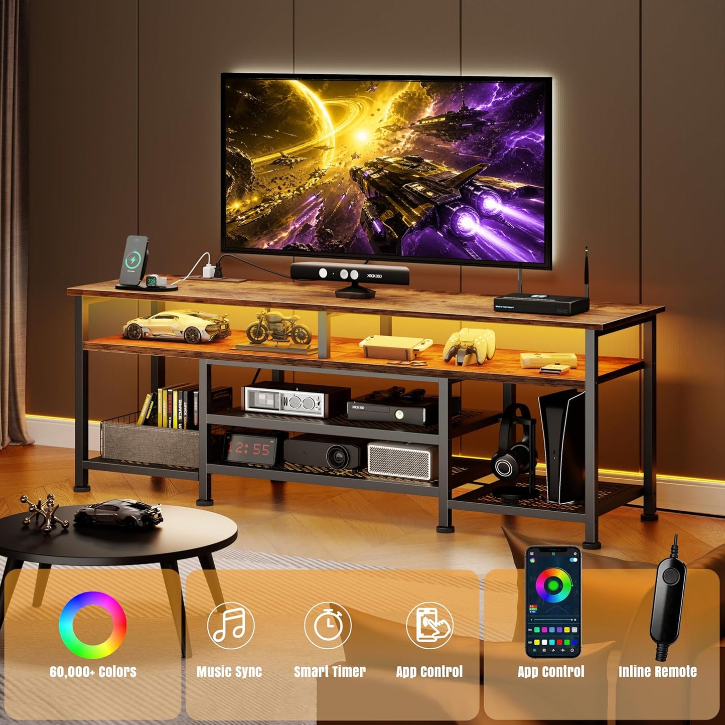 Korfile TV Stand for 60/65/70 inch TV,63 InEntertainment Center with LED Lights and LED Lights, TV Console Table with Open Shelves for Living Room and Bedroom, Rustic Brown