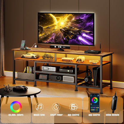 Korfile TV Stand for 60/65/70 inch TV,63 InEntertainment Center with LED Lights and LED Lights, TV Console Table with Open Shelves for Living Room and Bedroom, Rustic Brown