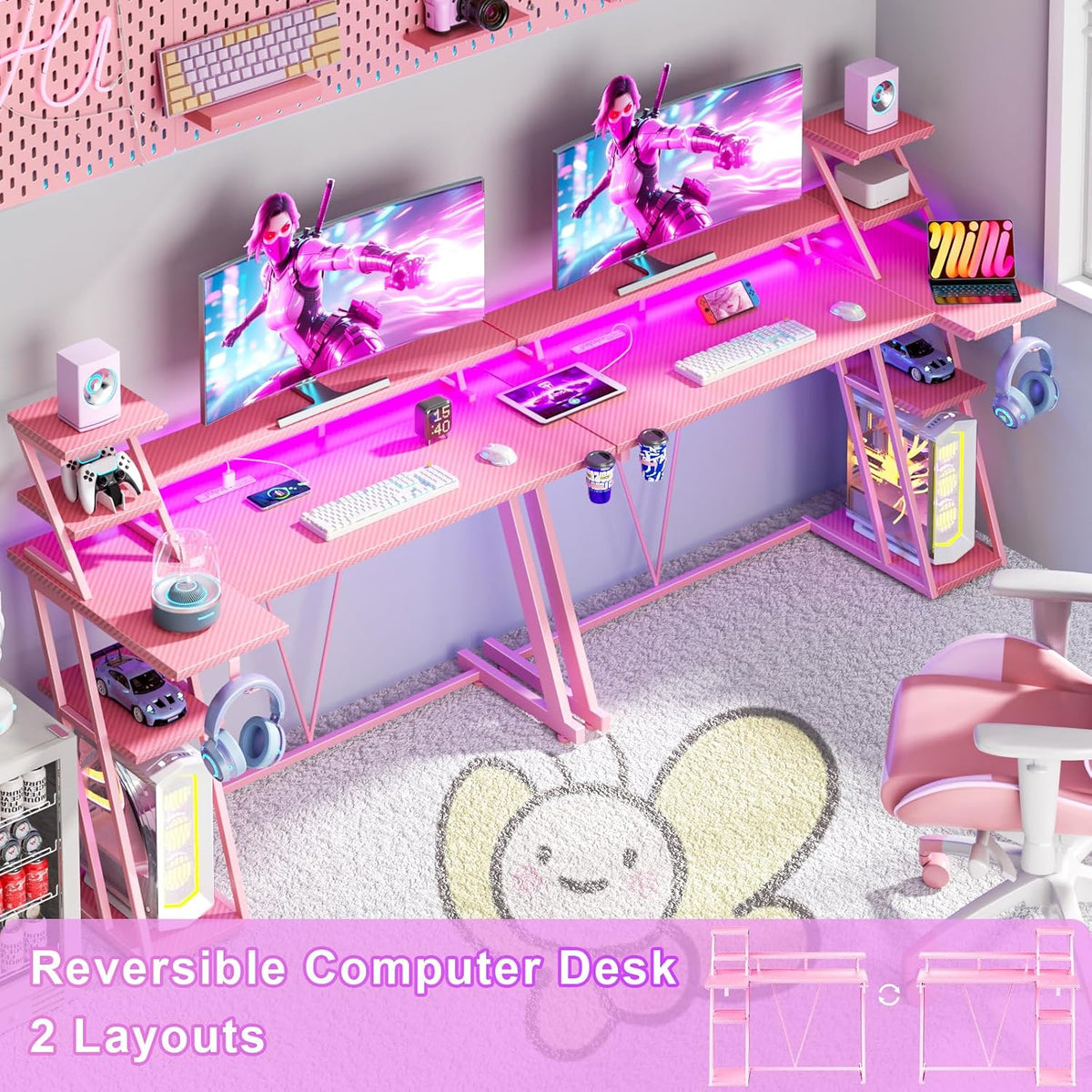 Korfile 47 Inch Pink Gaming Desk with LED Lights & Power Outlet, Gaming Computer Desk with Storage Shelves, L Shaped Gamer Workstations with Monitor Stand for Bedroom