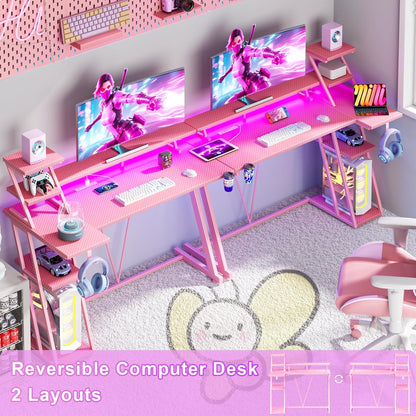 Korfile 47 Inch Pink Gaming Desk with LED Lights & Power Outlet, Gaming Computer Desk with Storage Shelves, L Shaped Gamer Workstations with Monitor Stand for Bedroom
