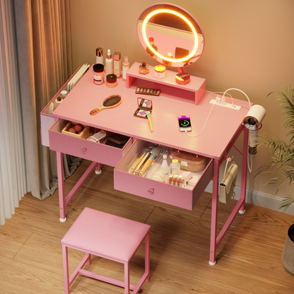 Vanity Desk with Mirror and Light, Makeup Table Set with Chair for Girls Teen, Make Up Dresser with 2 Drawers and Power Outlet, 32 Inch  Dressing Table with Cushion Stool for Bedroom, Pink