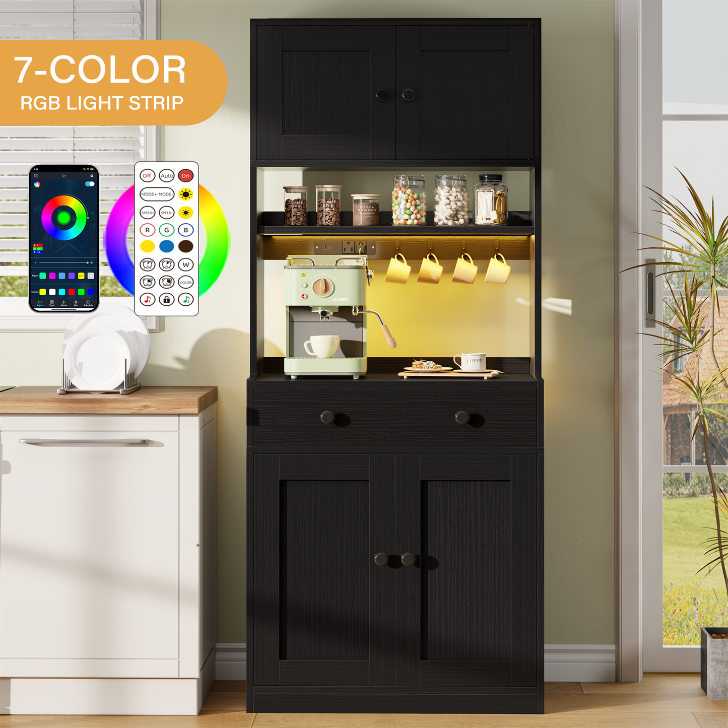 Korfile 71'' Black Kitchen Pantry Storage Cabinet Farmhouse Freestanding Microwave Stand with Hutch Doors and Drawers for Dining Room and Coffee Bar
