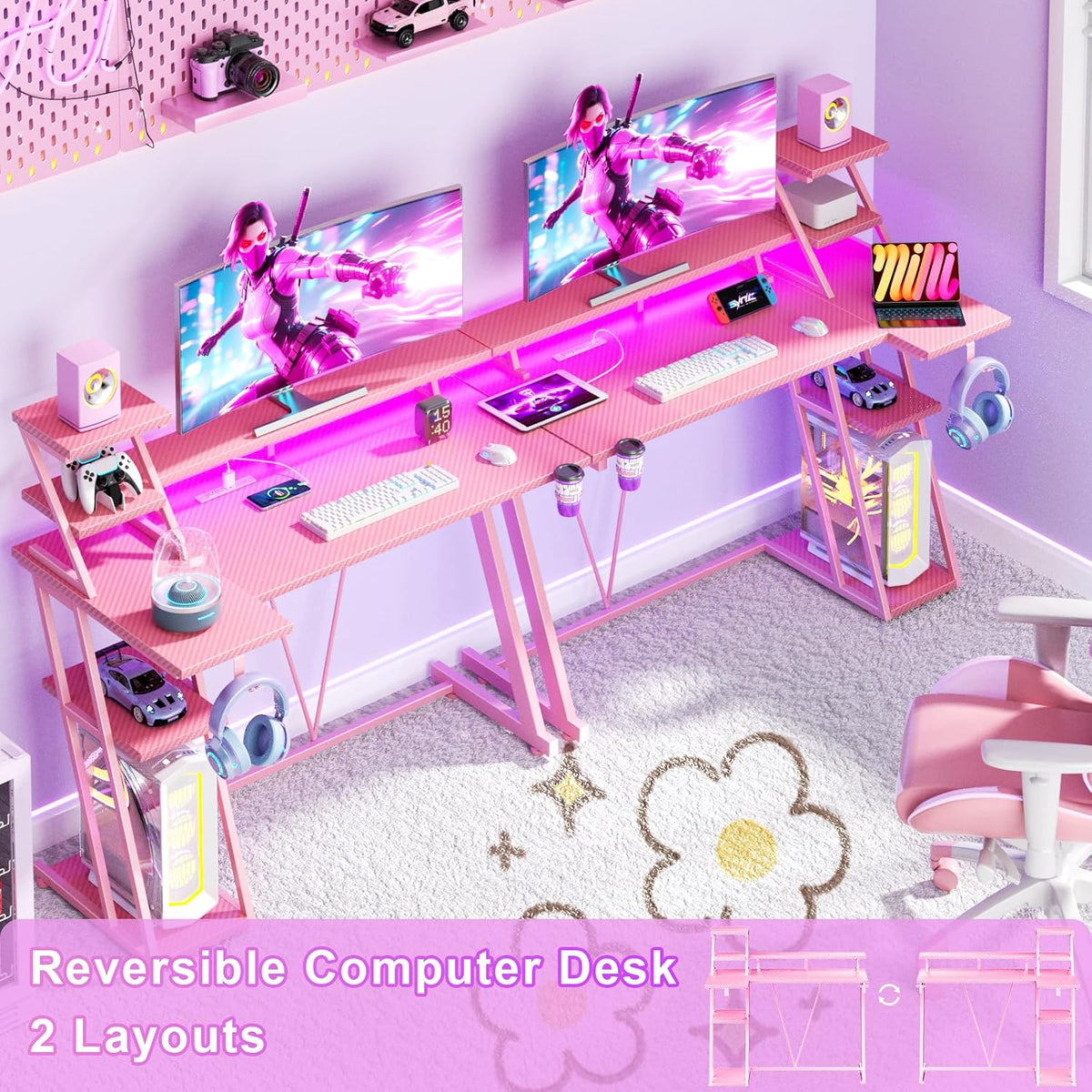 Korfile 40 Inch Pink Gaming Desk with LED Lights & Power Outlet, Small Gaming Computer Desk with Storage Shelves, L Shaped Gamer Workstations with Monitor Stand for Bedroom