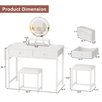 Vanity Desk with Mirror and Light, Makeup Table Set with Chair for Girls Teen, Make Up Dresser with 2 Drawers and Power Outlet, 32 Inch Dressing Table with Cushion Stool for Bedroom, White