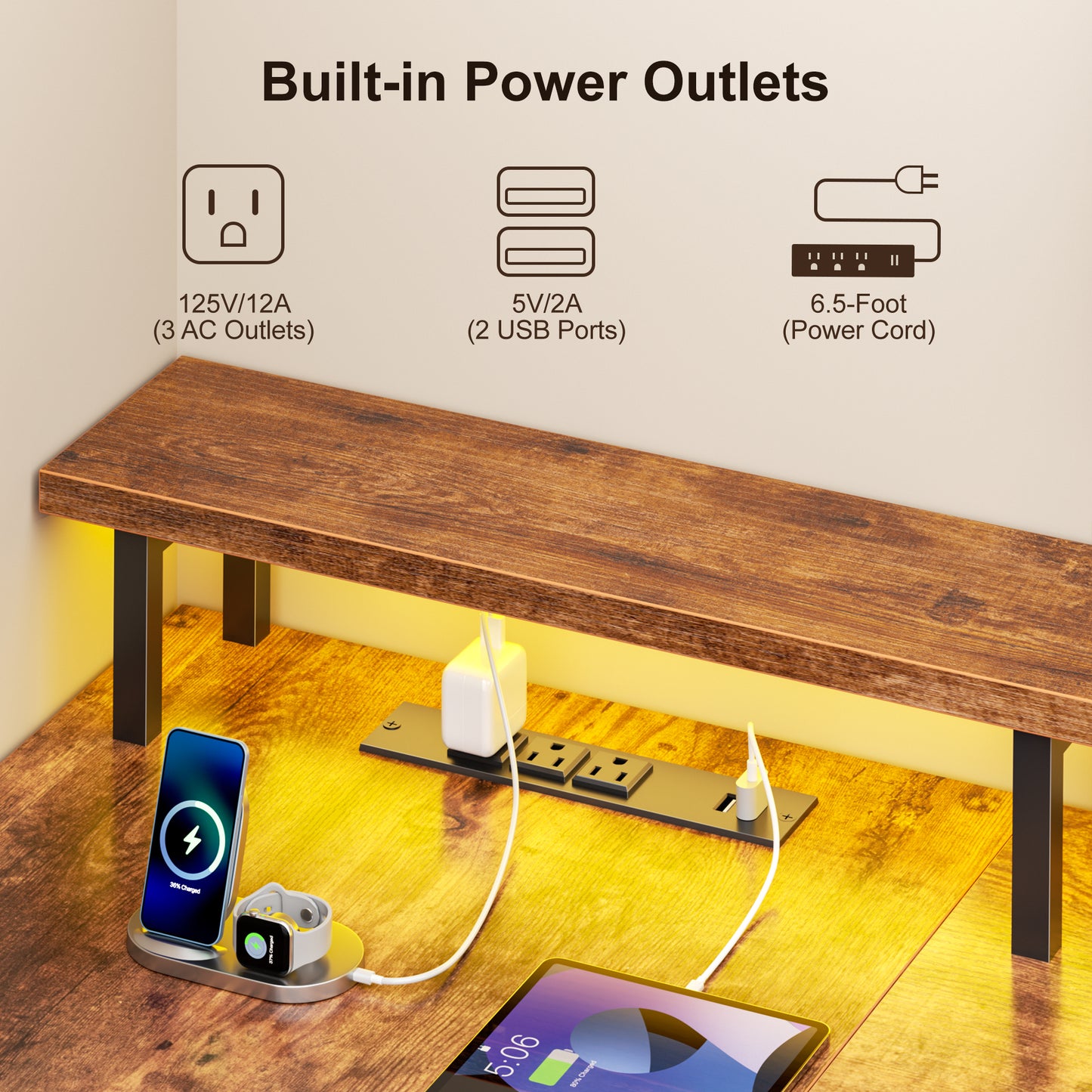 66" L Shaped Desk with Power Outlets and USB-C Port, Reversible Office Desk with drawers and Storage Shelves, Computer desk with Led Lights and Host stand for Home Office, Gaming, Work, Rustic Brown