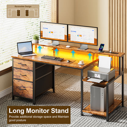 Korfile 55 Inch Computer Desk with Power Outlets, Home Office Desk with 3 Adjustable Storage Drawers & Monitor Stands, Gaming Table for Bedroom, Rustic Brown