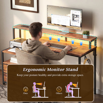 Korfile 55 inch Gaming Desk with Power Outlets & Storage Shelves, Reversible Computer Gaming Desk with Fabric Drawers and Monitor Stand, Corner Gaming Table for Home Office, Work, Writing, Gaming
