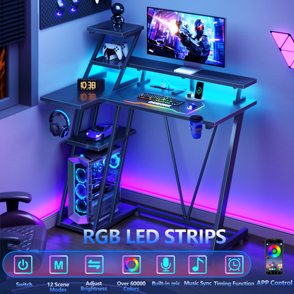 Korfile 40'' Gaming Desk with Power Outlet & LED, Carbon Fiber Black | Computer Gaming Table, Corner Desk, L Shaped, Reversible, Storage Shelves, Monitor Stand, for gaming, work