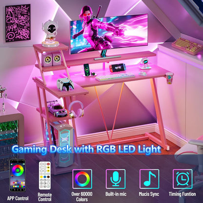 47 Inch Pink Gaming Desk with LED Lights & Power Outlet, Gaming Computer Desk with Storage Shelves, L Shaped Gamer Workstations with Monitor Stand for Bedroom