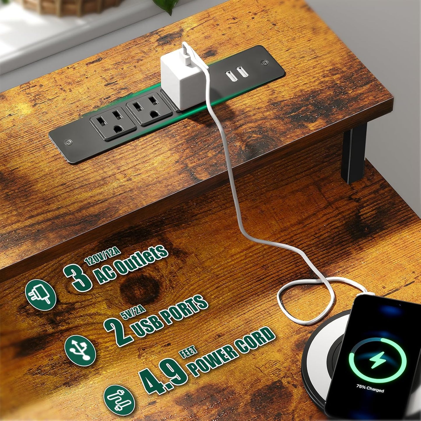 Korfile 55 Inch Gaming Desk with Power Outlets and LED Lights, Reversible Computer Desk with 5 Fabric Storage Drawers, Home Office Desk with Monitor Stand for Working Writing Study, Rustic Brown