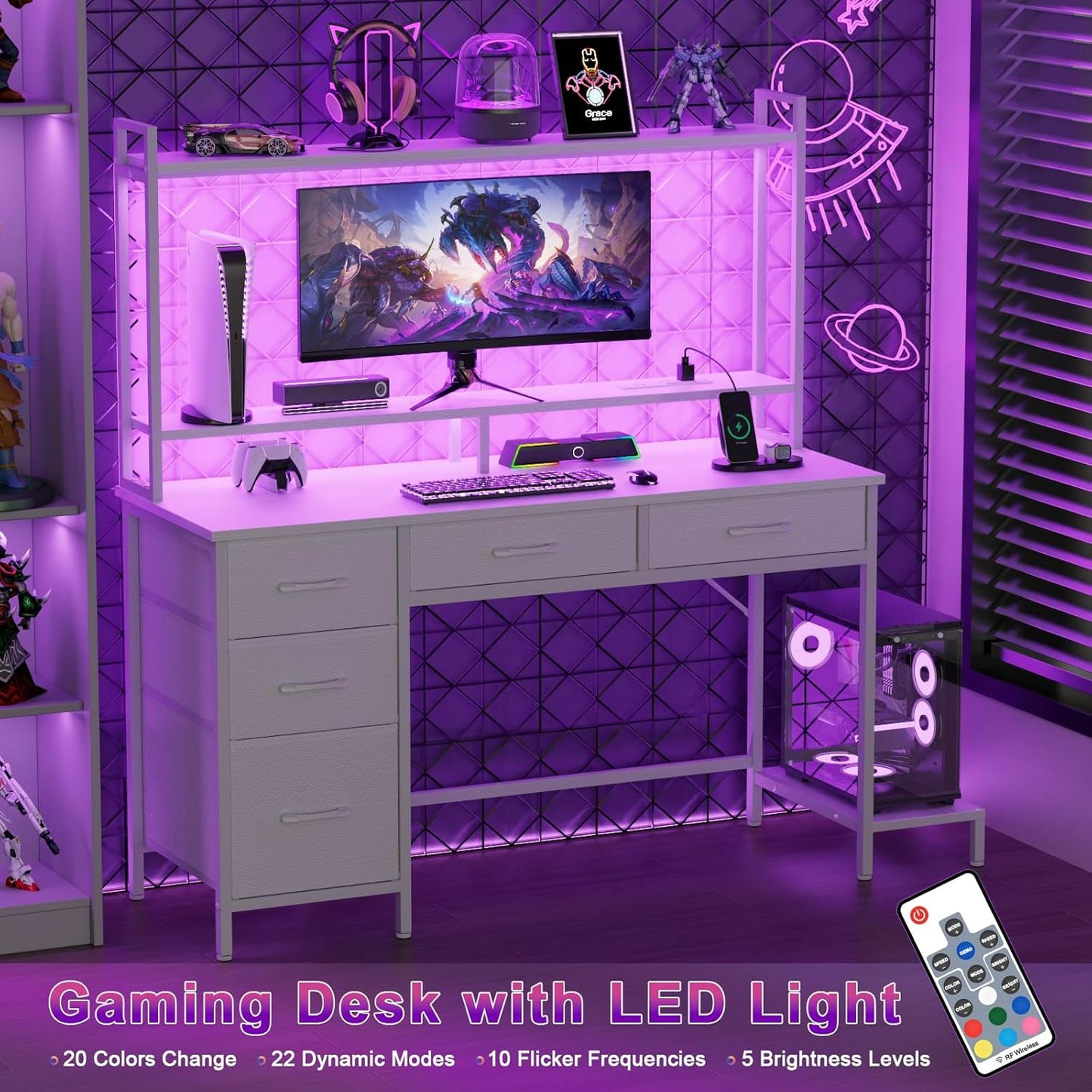 47" Modern Gaming Desk with Hutch - Power Outlets, LED Lights & 5 Drawers | 2-Tier Display Shelves for Home Office & Bedroom