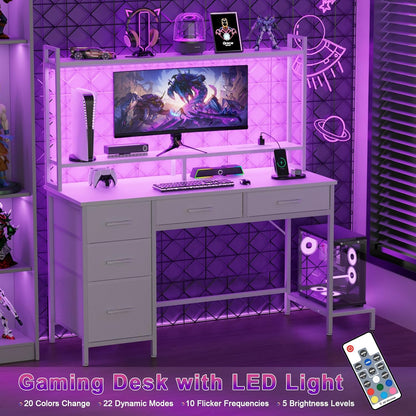 47" Modern Gaming Desk with Hutch - Power Outlets, LED Lights & 5 Drawers | 2-Tier Display Shelves for Home Office & Bedroom