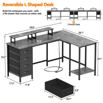 Korfile 59 inch L Shaped Computer Desk with Power Outlets, Home Office Desk with 4 Adjustable Storage Drawers & 2 Monitor Stands, Two Person Gaming Table for Bedroom, Grey