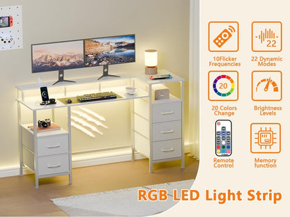 47" Gaming Desk with Power Outlets & RGB Lights - 5 Reversible Fabric Drawers for Office & Gaming