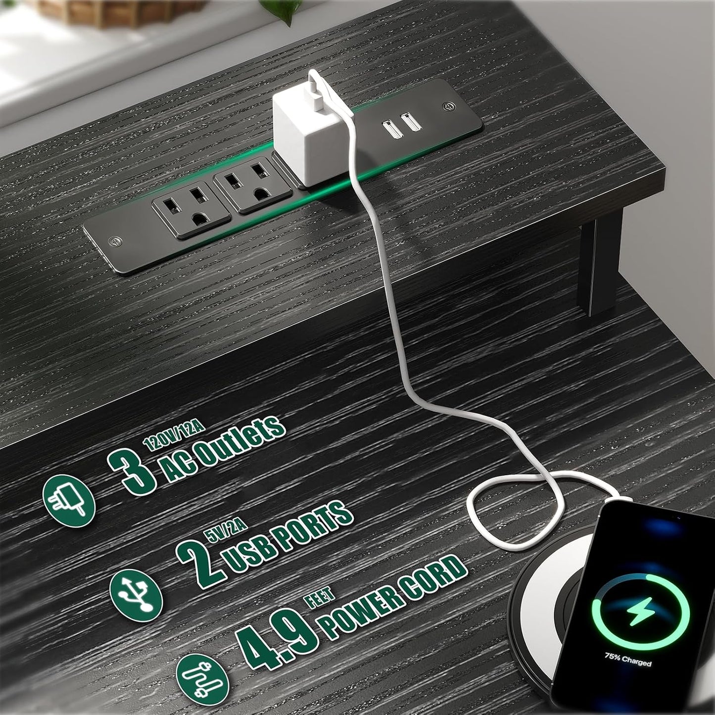 Korfile 47 Inch Gaming Desk with Power Outlets and LED Lights, Reversible Computer Desk with 5 Fabric Storage Drawers, Home Office Desk with Monitor Stand for Working Writing Study, Black
