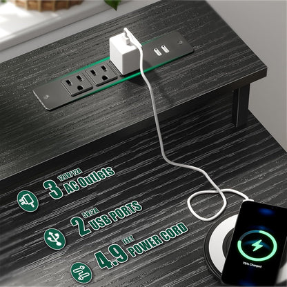 Korfile 47 Inch Gaming Desk with Power Outlets and LED Lights, Reversible Computer Desk with 5 Fabric Storage Drawers, Home Office Desk with Monitor Stand for Working Writing Study, Black
