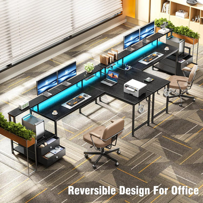66'' L Shaped Gaming Desk with Drawers and Storage Shelves, Reversible Corner Desk with Power Outlets and Host Stand, Large Computer Desk with Led Lights for Gaming, Work, Home Office, Black
