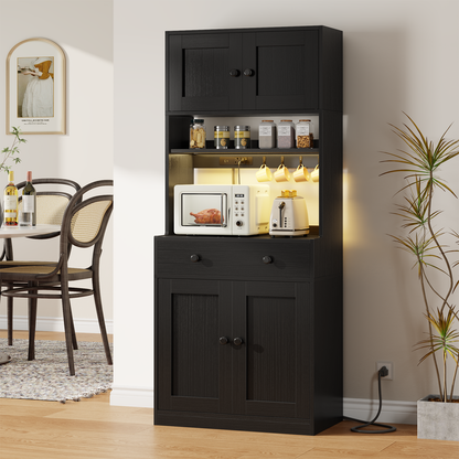 Korfile 71'' Black Kitchen Pantry Storage Cabinet Farmhouse Freestanding Microwave Stand with Hutch Doors and Drawers for Dining Room and Coffee Bar