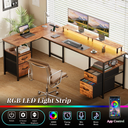 Korfile 65" L Shaped Computer Desk with File Drawer, Rustic Brown | Home Office Desk w/ 4 Drawers, LED Lights, Reversible, Monitor Stand, Gaming Table for Corner Space, Ideal for Study, Writing