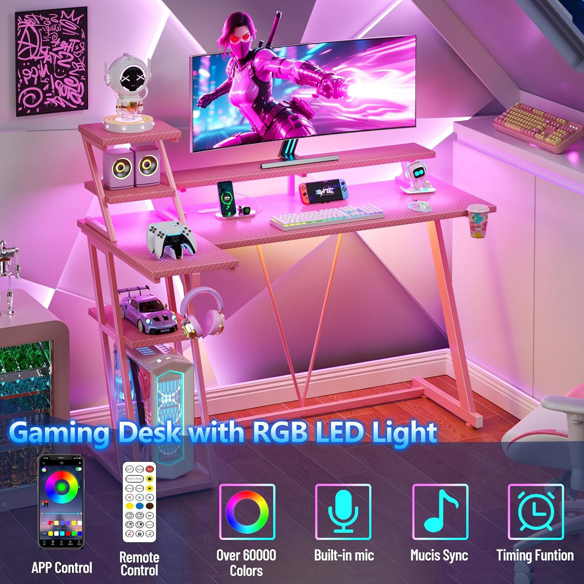 Korfile 47 Inch Pink Gaming Desk with LED Lights & Power Outlet, Gaming Computer Desk with Storage Shelves, L Shaped Gamer Workstations with Monitor Stand for Bedroom