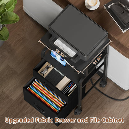 4-Tier Rolling Printer Stand with Power Outlets - Mobile Cart with 2 Drawers & Wheels for Office Use