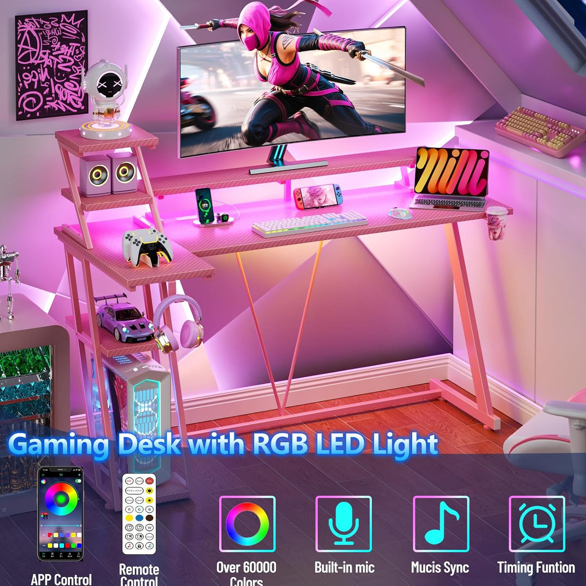 Korfile 55 Inch Pink Gaming Desk with LED Lights & Power Outlet, Gaming Computer Desk with Storage Shelves, L Shaped Gamer Workstations with Monitor Stand for Bedroom