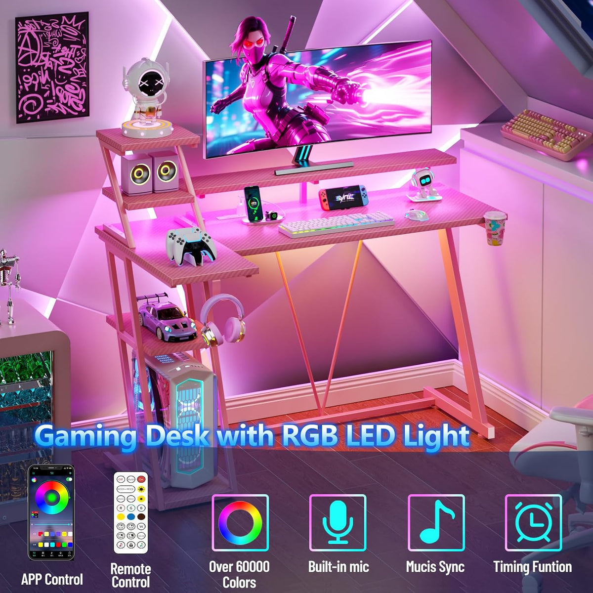 Korfile 40 Inch Pink Gaming Desk with LED Lights & Power Outlet, Small Gaming Computer Desk with Storage Shelves, L Shaped Gamer Workstations with Monitor Stand for Bedroom