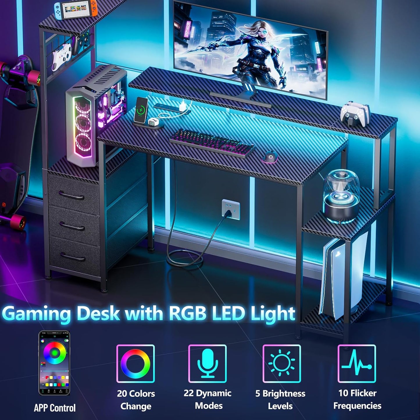 Korfile 48 Inch Gaming Desk with LED Lights & Power Outlets,Computer Desk with Fabric Drawers & Side Hook,Reversible Gamer Table with Monitor Stand for Game Room,Home Office,Carbon Fiber Black