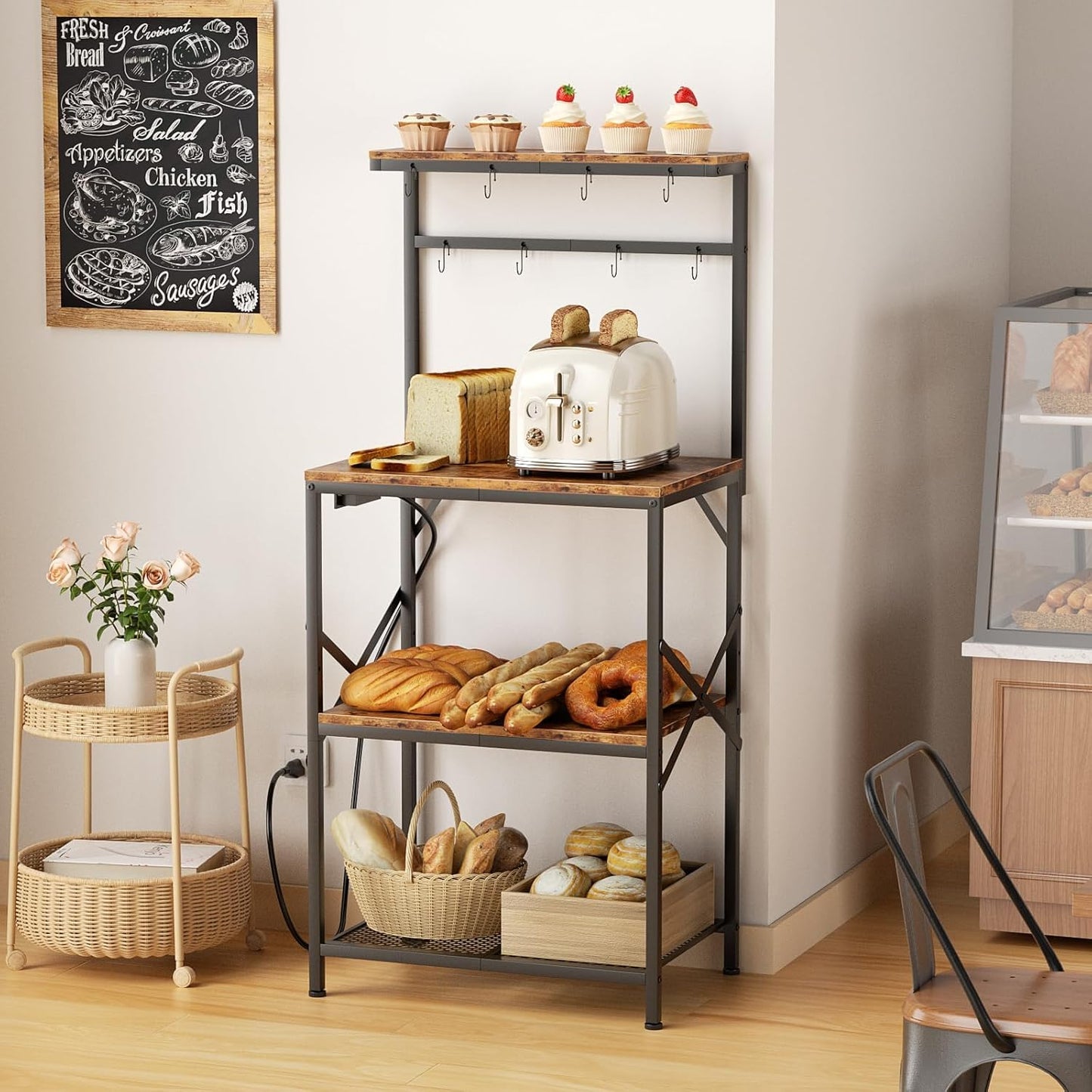 4-Tier Kitchen Rack with Power Outlet - Microwave Stand, 8 Hooks for Spices & Coffee Station