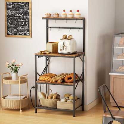4-Tier Kitchen Rack with Power Outlet - Microwave Stand, 8 Hooks for Spices & Coffee Station