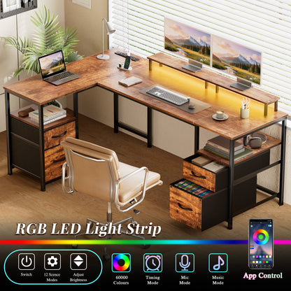 Korfile 57" Computer L Shaped Desk w/File Drawer, Rustic Brown | Home Office Desk w/ 4 Drawers, LED Lights, Reversible, Monitor Stand, Gaming Table for Corner Space, Ideal for Study, Writing