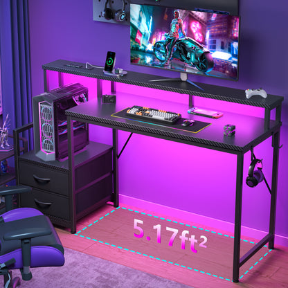 Korfile 55 inch Gaming Desk with Power Outlets & Storage Shelves, Reversible Computer Gaming Desk with Fabric Drawers and Monitor Stand, Corner Gaming Table for Home Office, Work, Writing, Gaming