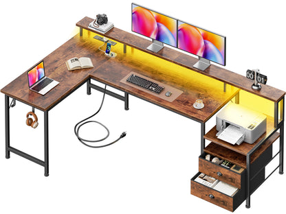 66" L Shaped Desk with Power Outlets and USB-C Port, Reversible Office Desk with drawers and Storage Shelves, Computer desk with Led Lights and Host stand for Home Office, Gaming, Work, Rustic Brown