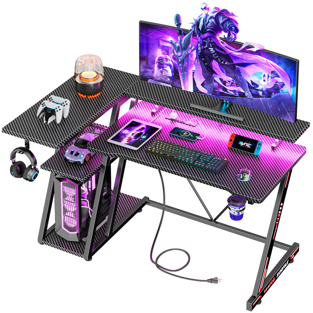 Korfile 40 Inch Gaming Desk with Power Outlet, LED, Carbon Fiber Black
 | L Shaped Computer Gaming Table, Corner Gamer Table, with 3 Tiers Storage Shelves, with Moniter Stand, for Small Space