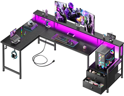 Korfile 66" L Shaped Gaming Desk with Drawers and Storage Shelves, Reversible Corner Desk with Power Outlets and Host Stand, Large Computer Desk with Led Lights for Gaming, Work, Home Office, Black