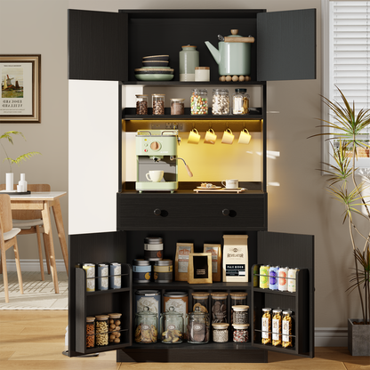 Korfile 71'' Black Kitchen Pantry Storage Cabinet Farmhouse Freestanding Microwave Stand with Hutch Doors and Drawers for Dining Room and Coffee Bar