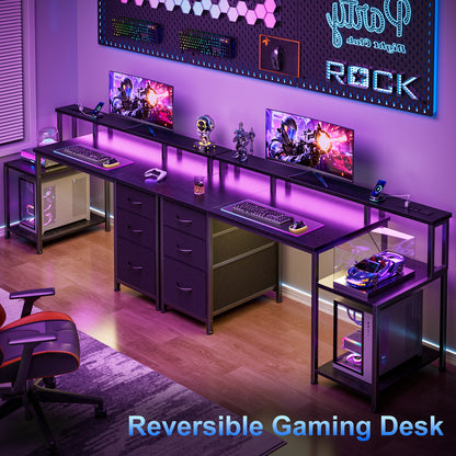 Korfile 55 Inch Computer Desk with Power Outlets, Home Office Desk with 3 Adjustable Storage Drawers & Monitor Stands, Gaming Table for Bedroom, Black