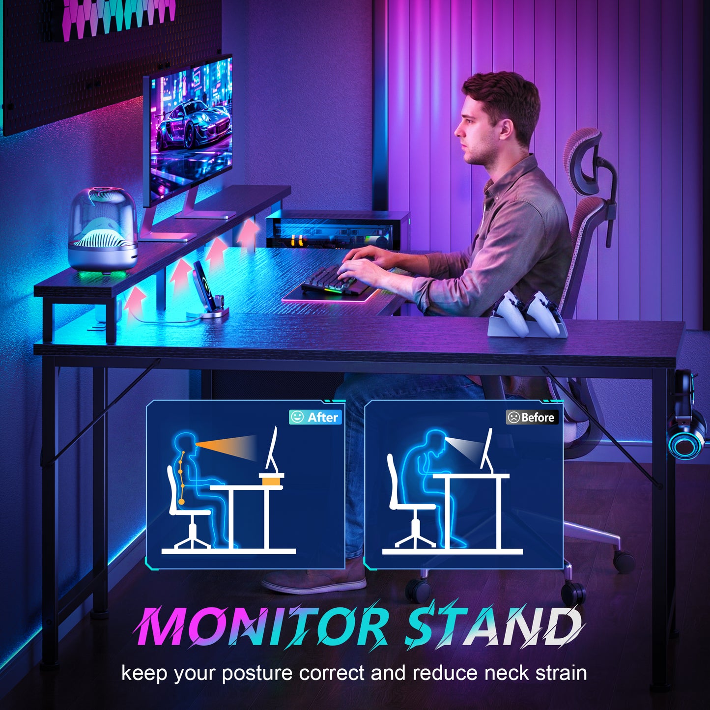 Korfile 66" L Shaped Gaming Desk with Drawers and Storage Shelves, Reversible Corner Desk with Power Outlets and Host Stand, Large Computer Desk with Led Lights for Gaming, Work, Home Office, Black