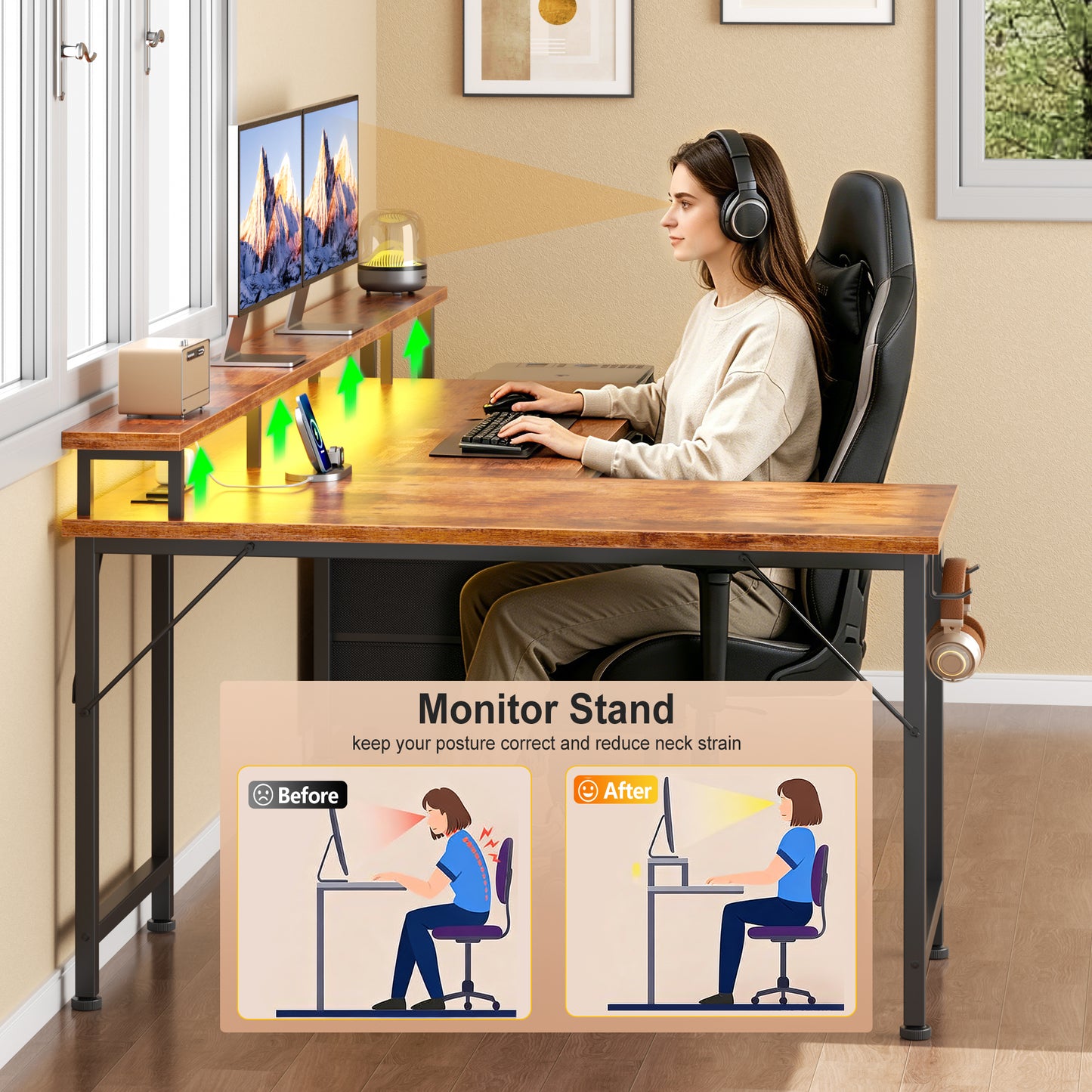 Korfile 57'' L Shaped Computer Desk with Storage Drawers, Power Outlet, LED | Office Desk with Host Stand, Reversible Corner Design for Gaming, Work, Home Office, Study Room, Bedroom