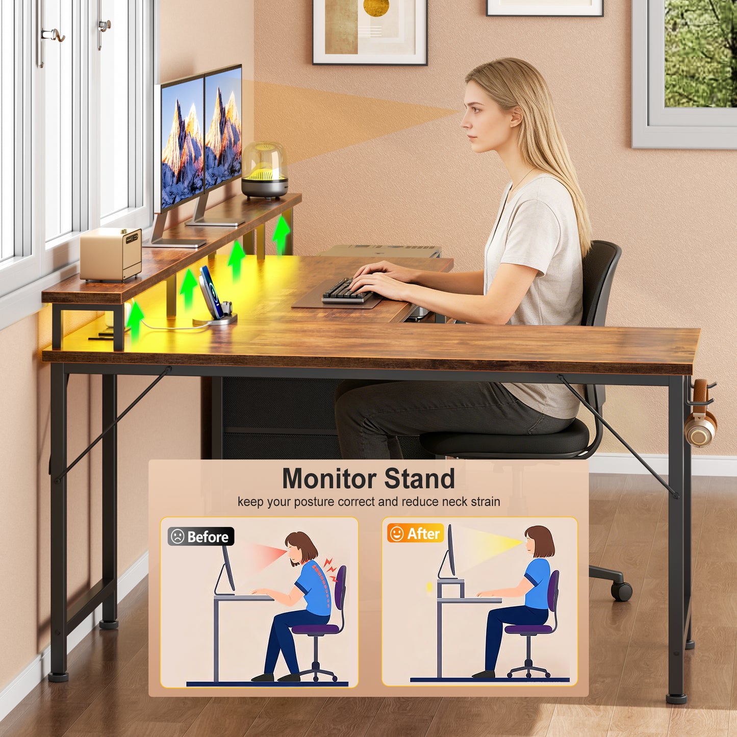66" L Shaped Desk with Power Outlets and USB-C Port, Reversible Office Desk with drawers and Storage Shelves, Computer desk with Led Lights and Host stand for Home Office, Gaming, Work, Rustic Brown