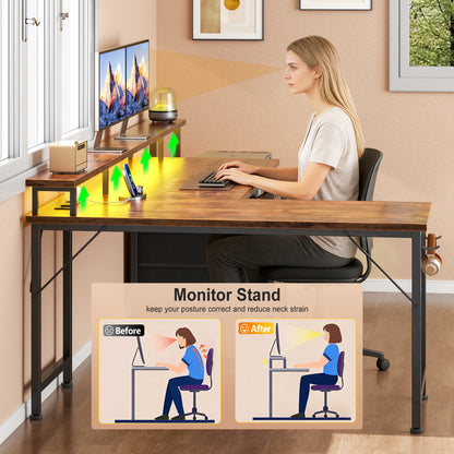 66" L Shaped Desk with Power Outlets and USB-C Port, Reversible Office Desk with drawers and Storage Shelves, Computer desk with Led Lights and Host stand for Home Office, Gaming, Work, Rustic Brown