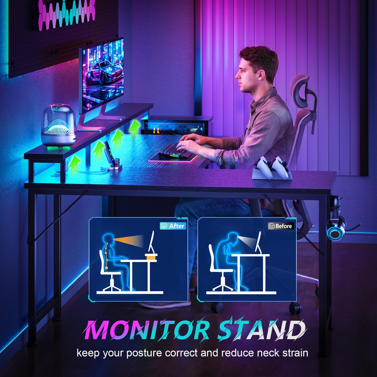 Korfile 57'' L Shaped Gaming Desk with Storage Drawers, Power Outlets, LED | Black Computer Desk with Host Stand, Reversible Corner Design for Gaming, Work, Home Office, Study Room, Bedroom