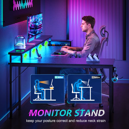 Korfile 57'' L Shaped Gaming Desk with Storage Drawers, Power Outlets, LED | Black Computer Desk with Host Stand, Reversible Corner Design for Gaming, Work, Home Office, Study Room, Bedroom