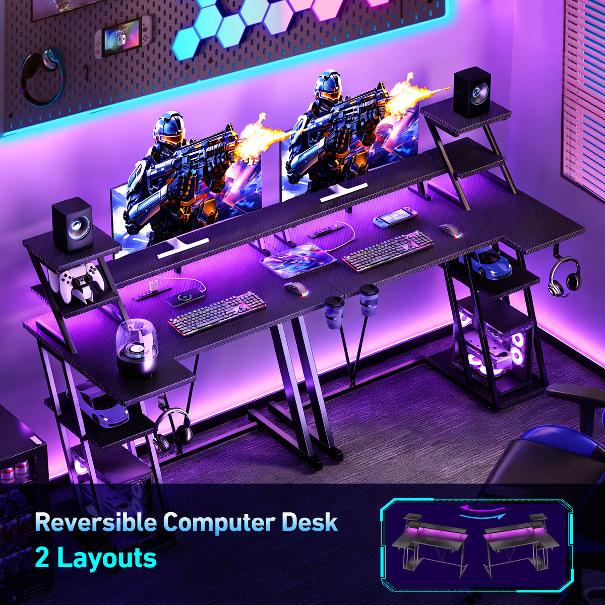 Korfile 40 Inch Gaming Desk with LED & Power Outlet, Carbon Fiber Black
 |
 L Shaped Computer Gaming Table, Reversible Corner Desk, Storage Shelves, Monitor Stand, for Home Office & Gaming Room