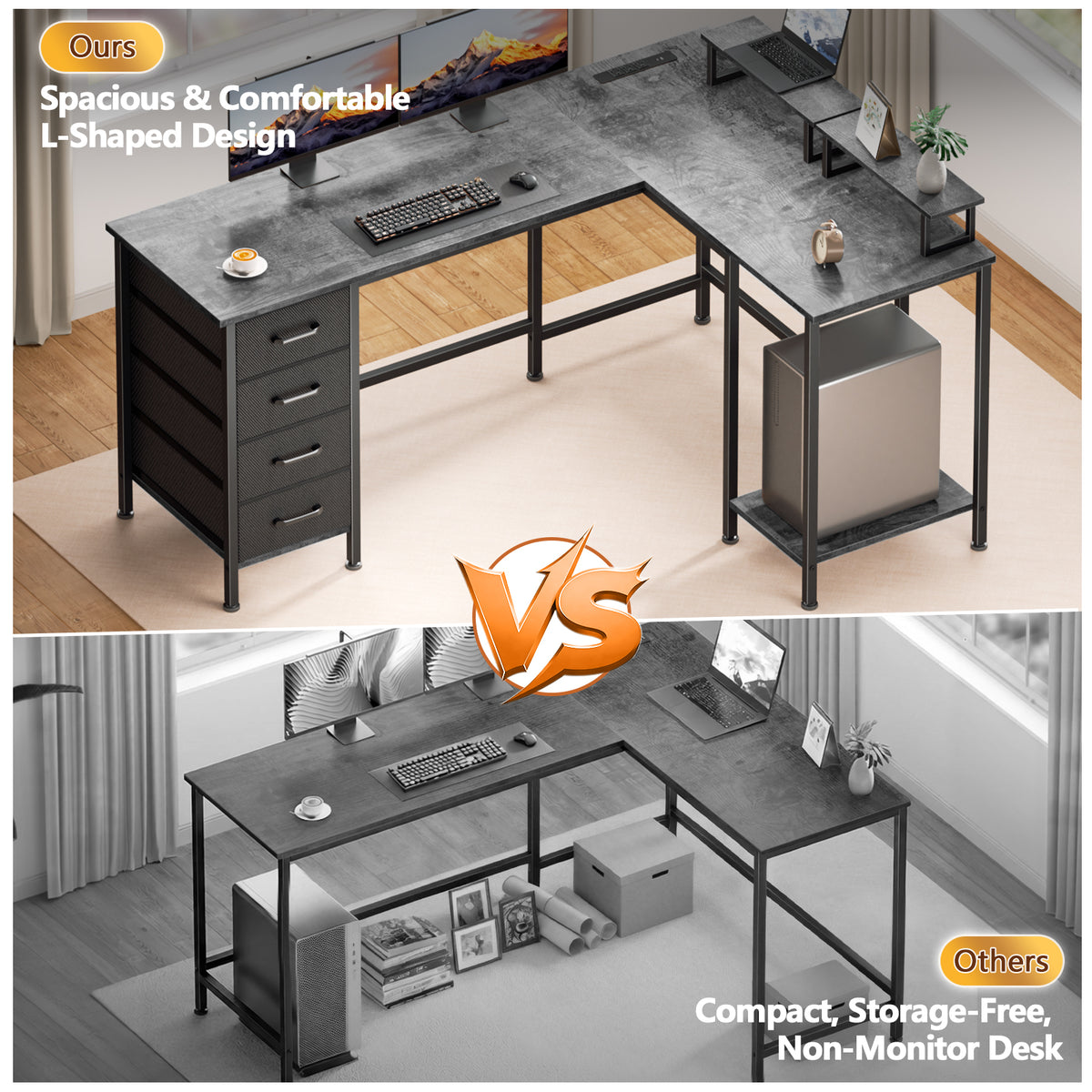 Korfile 59 inch L Shaped Computer Desk with Power Outlets, Home Office Desk with 4 Adjustable Storage Drawers & 2 Monitor Stands, Two Person Gaming Table for Bedroom, Grey