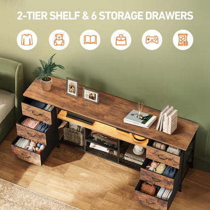 Korfile 63 Inch LED TV Stand for Bedroom, Entertainment Center with Power Outlets & 6 PU Leather Drawers, Media Console Table with Open Storage Shelves for 55-70 Inch TV, Living Room, Rustic Brown