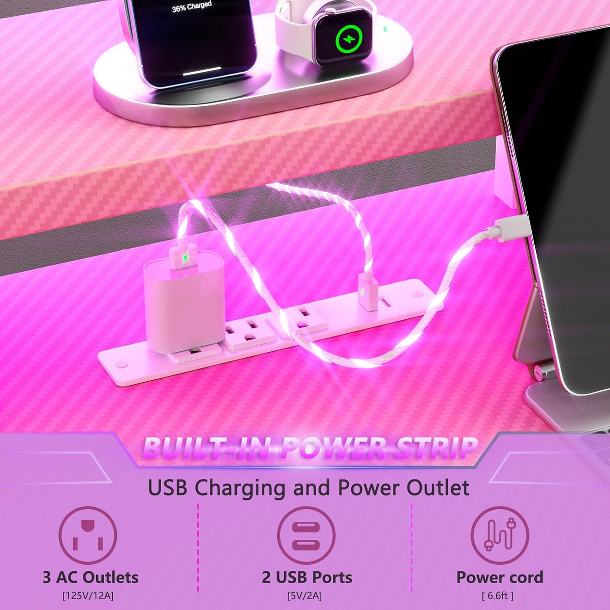 Korfile 40 Inch Pink Gaming Desk with LED Lights & Power Outlet, Small Gaming Computer Desk with Storage Shelves, L Shaped Gamer Workstations with Monitor Stand for Bedroom