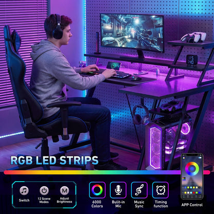 Korfile 55 Inch Black Gaming Desk with LED Lights & Power Outlet, Gaming Computer Desk with Storage Shelves, L Shaped Gamer Workstations with Monitor Stand for Bedroom