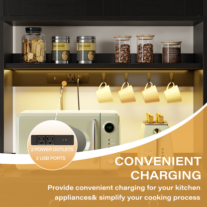Korfile 71'' Black Kitchen Pantry Storage Cabinet Farmhouse Freestanding Microwave Stand with Hutch Doors and Drawers for Dining Room and Coffee Bar