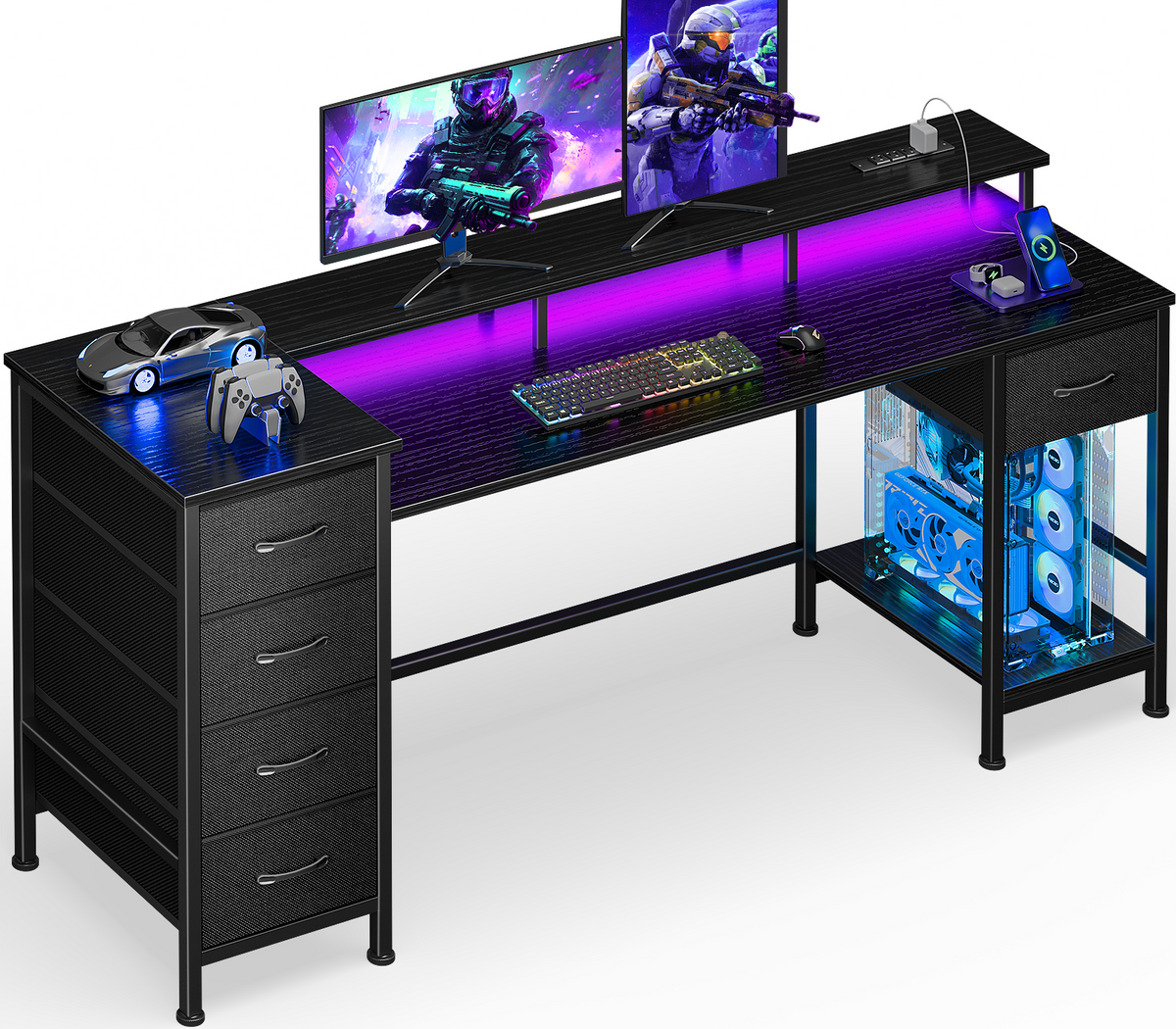 Korfile 55 Inch Gaming Computer Desk with Power Outlets,LED,5 Drawers,Black